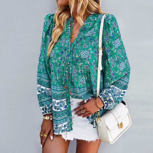 Latern Long Sleeve Boho Flower Printed Blouse Top | Nomadzens