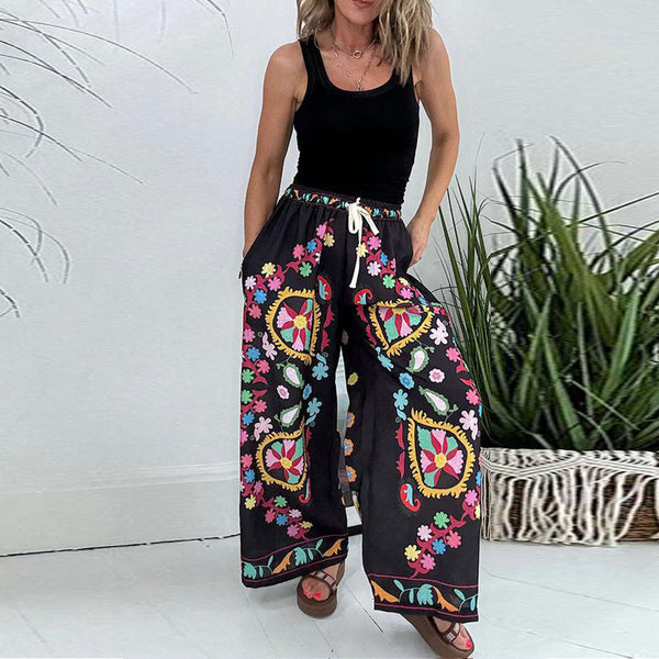 Boho Faux Denim Printed Pocket Loose Casual Printed Drawstring Pants | Nomadzens