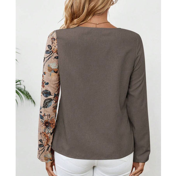 Flower Splicing Printed Long Sleeves Round Neck Button Decoration Shirt Women's Top | Nomadzens