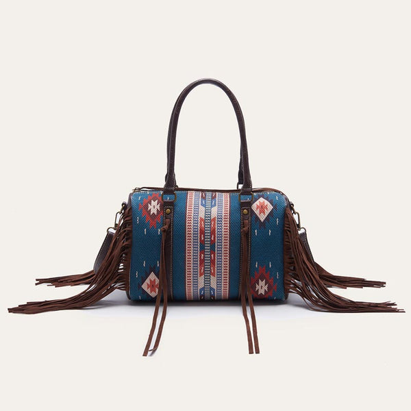 Aztec Print Mixed Color Stitching Tassel Boston Bag Handbag | Nomadzens