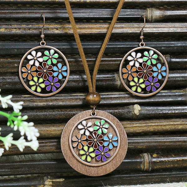 Retro Boho Geometric Pattern Necklace Earring Set Jewelry Set | Nomadzens