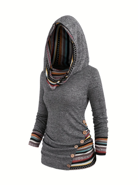 Stripe Splicing Button Decor Casual Long Sleeve Hoodie | Nomadzens