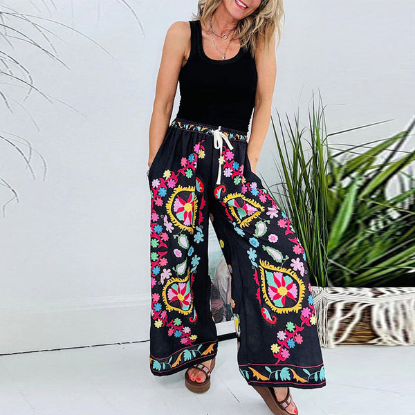 Boho Faux Denim Printed Pocket Loose Casual Printed Drawstring Pants | Nomadzens