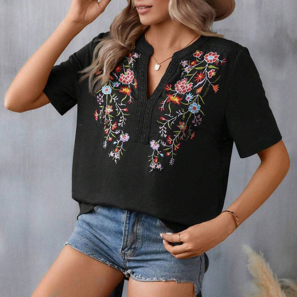 Short Sleeves Flower Patterns Embroidered V Neck Shirt Women's Top | Nomadzens