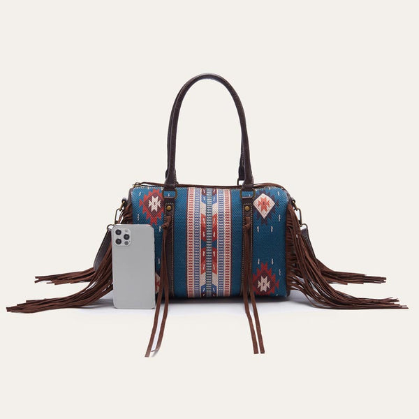 Aztec Print Mixed Color Stitching Tassel Boston Bag Handbag | Nomadzens