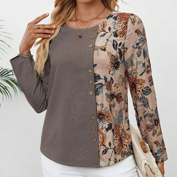 Flower Splicing Printed Long Sleeves Round Neck Button Decoration Shirt Women's Top | Nomadzens