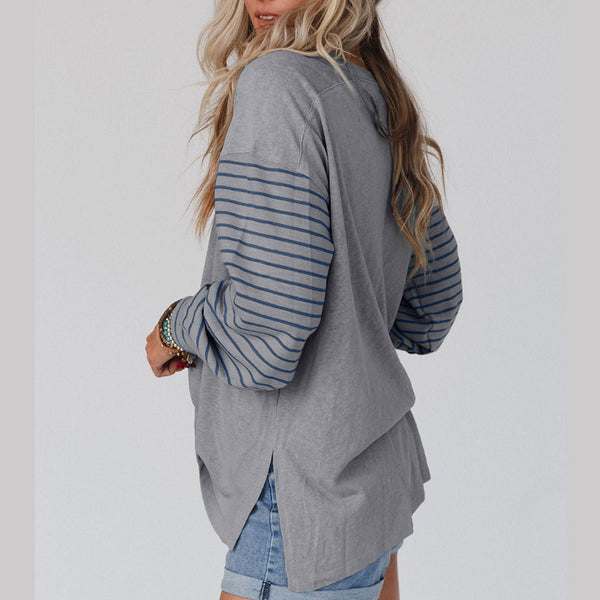 Casual Long Sleeves Contrast Color Stripes Printed Women's Top | Nomadzens