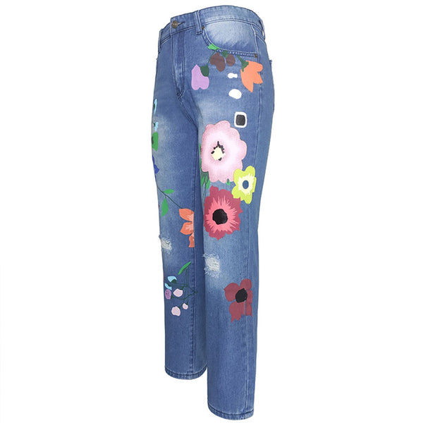 Flower Print Straight Jeans | Nomadzens