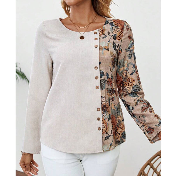 Flower Splicing Printed Long Sleeves Round Neck Button Decoration Shirt Women's Top | Nomadzens