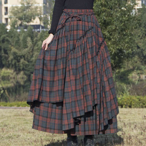 Retro Layered Irregular Hem Plaid Cotton Skirt | Nomadzens