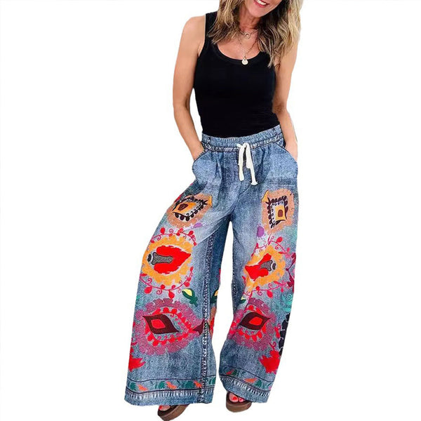 Boho Faux Denim Printed Pocket Loose Casual Printed Drawstring Pants | Nomadzens