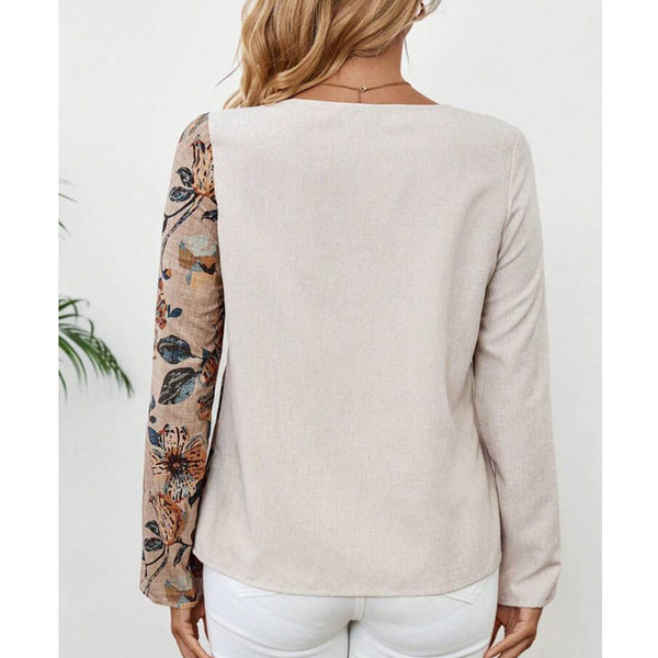 Flower Splicing Printed Long Sleeves Round Neck Button Decoration Shirt Women's Top | Nomadzens