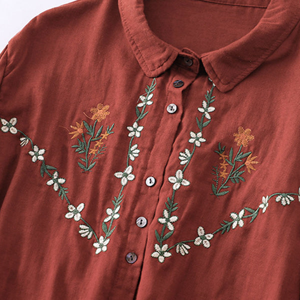 Embroidered Loose Casual Women's Long-sleeved Shirt Cotton and Linen Shirt | Nomadzens