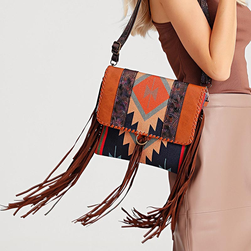 Aztec Print Mixed Color Stitching Tassel Satchel Handbag | Nomadzens