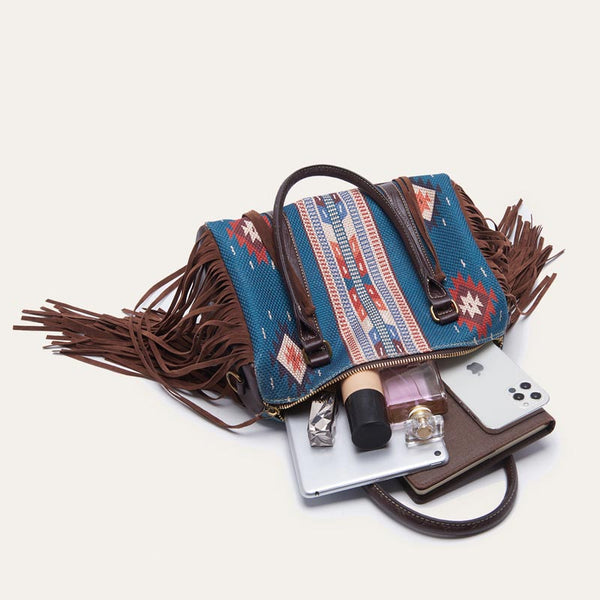 Aztec Print Mixed Color Stitching Tassel Boston Bag Handbag | Nomadzens