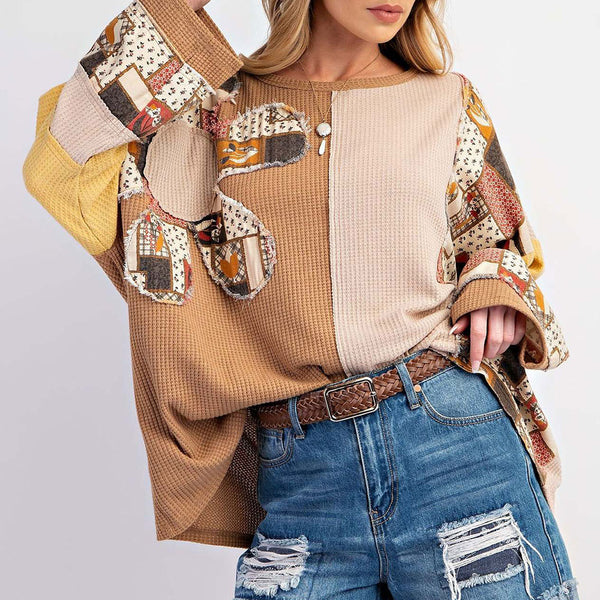 Flower Printed Loose Fit Casual Contrast Color Long Sweatshirt Women's Top | Nomadzens