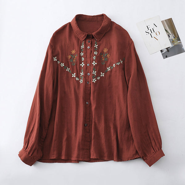 Embroidered Loose Casual Women's Long-sleeved Shirt Cotton and Linen Shirt | Nomadzens