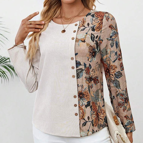 Flower Splicing Printed Long Sleeves Round Neck Button Decoration Shirt Women's Top | Nomadzens