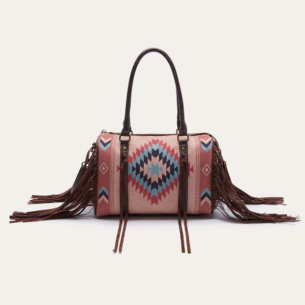 Aztec Print Mixed Color Stitching Tassel Boston Bag Handbag | Nomadzens