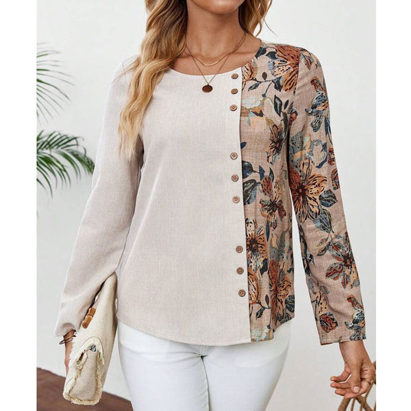 Flower Splicing Printed Long Sleeves Round Neck Button Decoration Shirt Women's Top | Nomadzens