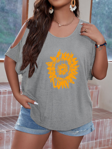 Sunflower Print Cutout Shoulder Loose Women's T-shirt | Nomadzens