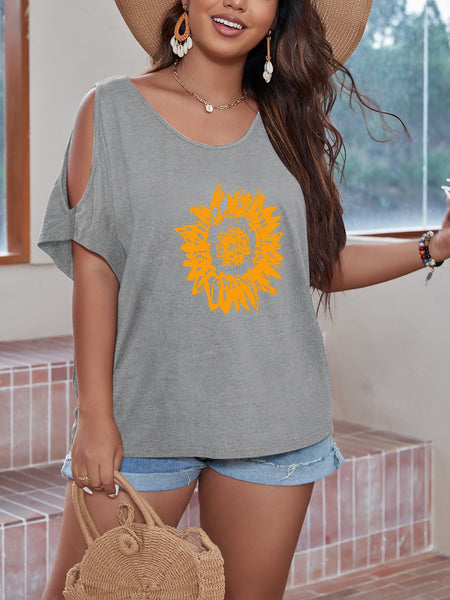 Sunflower Print Cutout Shoulder Loose Women's T-shirt | Nomadzens