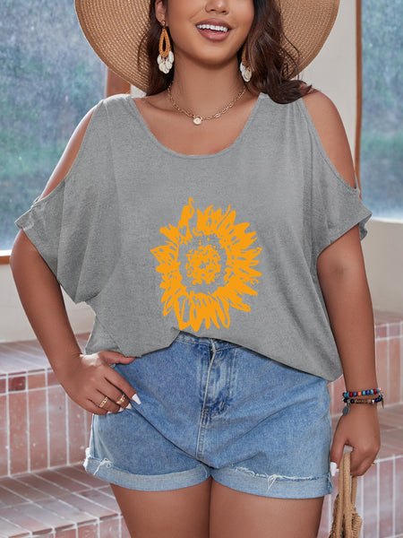 Sunflower Print Cutout Shoulder Loose Women's T-shirt | Nomadzens