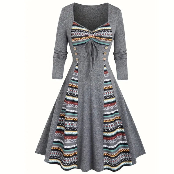 Colorful Print Ruched Long Sleeve Dress, Casual Button Decor Drawstring A-line Dress For Spring & Fall, Women's Clothing