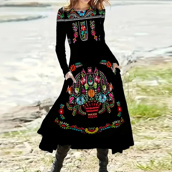 Ethnic Pattern Dress, Casual Crew Neck Long Sleeve Dress, Women's Clothing