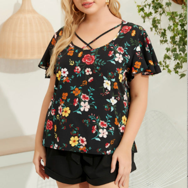 Round Neck Flower Print Top Cross Neck Short Sleeve Loose Fit Women's T-shirt | Nomadzens