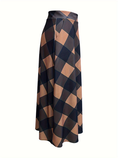 Plaid Print Flared Skirt, Elegant High Waist Maxi Skirt With Pocket, Women's Clothing