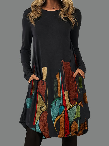 Aztec Print Ethnic Dress, Casual Crew Neck Long Sleeve Dress, Women's Clothing