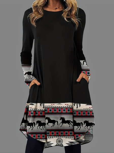 Aztec Print Ethnic Dress, Casual Crew Neck Long Sleeve Dress, Women's Clothing