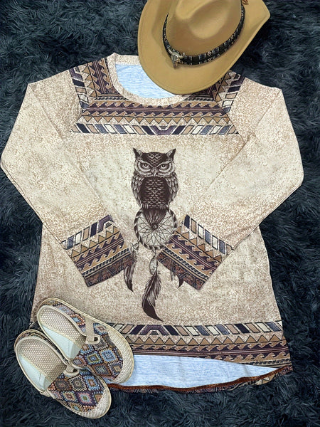 Owl Print Raglan Sleeve Vintage Boho Crew Neck Tunics | Nomadzens