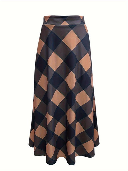 Plaid Print Flared Skirt, Elegant High Waist Maxi Skirt With Pocket, Women's Clothing