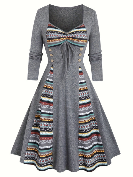 Colorful Print Ruched Long Sleeve Dress, Casual Button Decor Drawstring A-line Dress For Spring & Fall, Women's Clothing