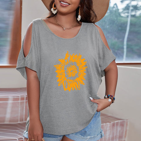 Sunflower Print Cutout Shoulder Loose Women's T-shirt | Nomadzens