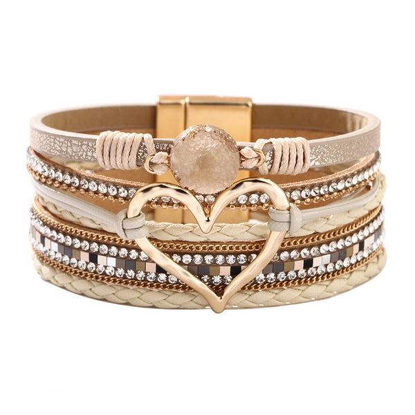 Boho-chic Heart Shape and Rhinestone PU Bracelet | Nomadzens