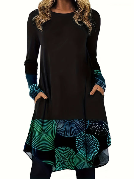 Aztec Print Ethnic Dress, Casual Crew Neck Long Sleeve Dress, Women's Clothing