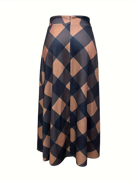 Plaid Print Flared Skirt, Elegant High Waist Maxi Skirt With Pocket, Women's Clothing