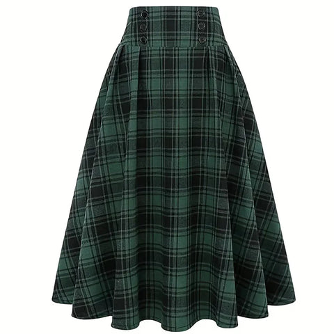 High Waist Button Plaid Ruffled Hem Skirt, Vintage Loose Stylish Midi Skirt, Women's Clothing