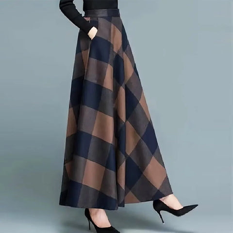 Plaid Print Flared Skirt, Elegant High Waist Maxi Skirt With Pocket, Women's Clothing