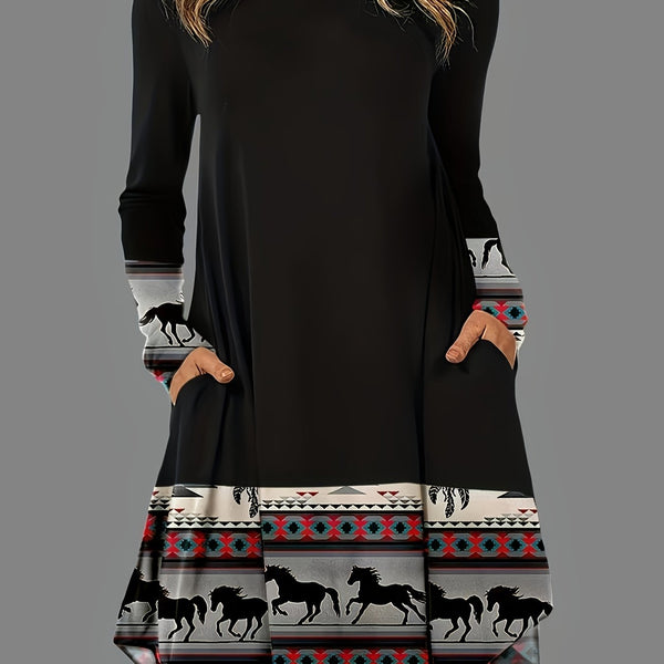 Aztec Print Ethnic Dress, Casual Crew Neck Long Sleeve Dress, Women's Clothing